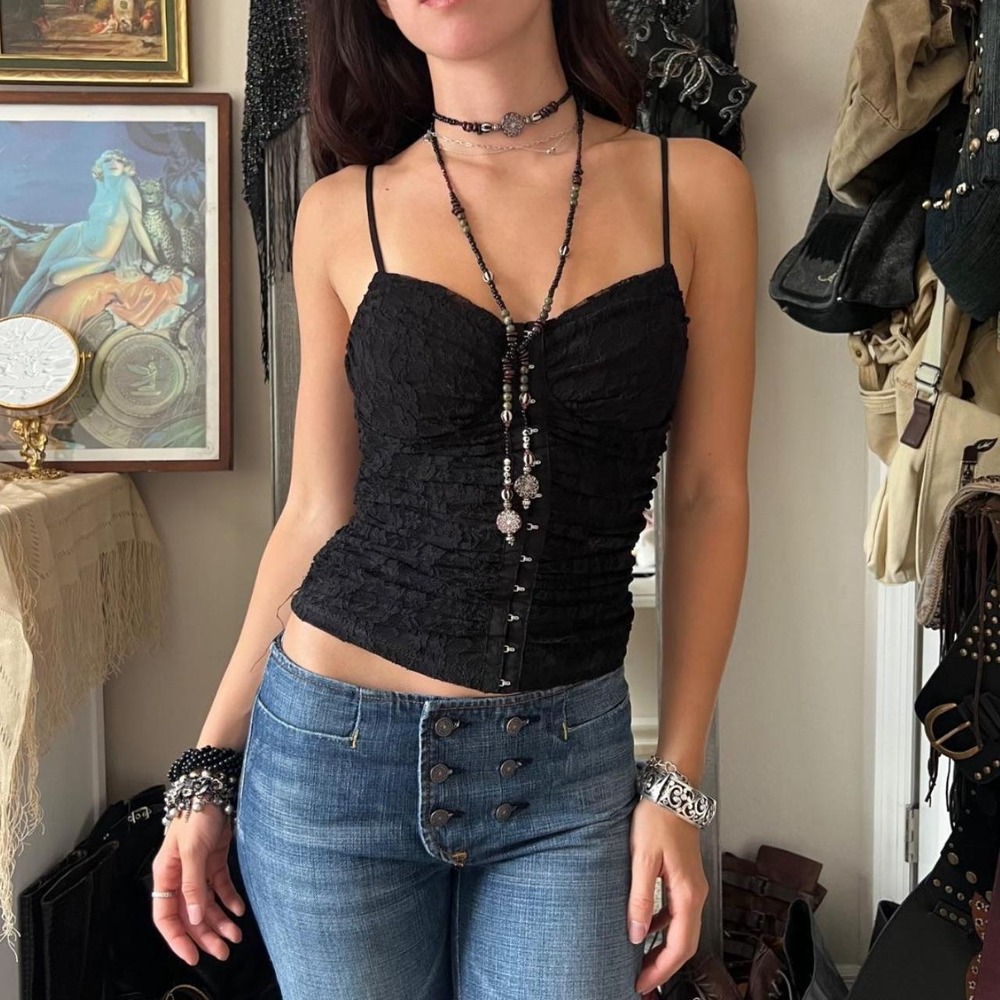 Moa Moa Black Lace Corset Bustier Tank Top Hook Eye Y2K Grunge Small